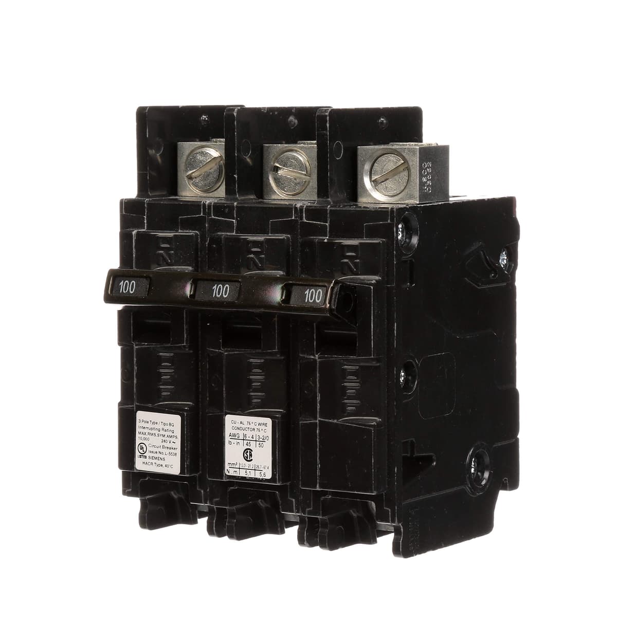 Siemens BQ3B100L Breaker 100A 3P Lug In/Lug Out
