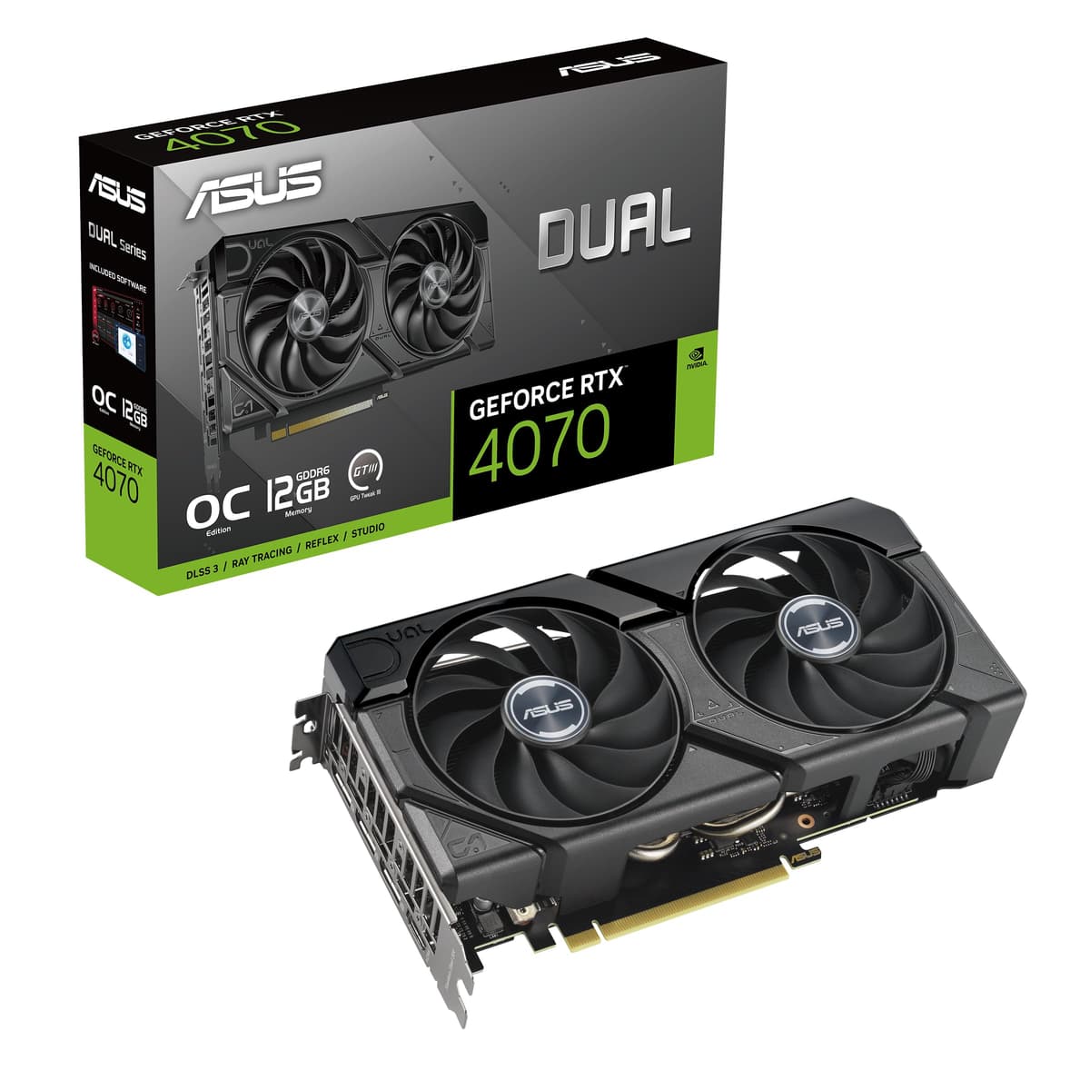 ASUS Tarjeta SFF Dual GeForce RTX 4070 EVO OC Edition 12GB GDDR6 (PCIe 4.0, 12GB GDDR6, DLSS 3, HDMI 2.1a, DisplayPort 1.4a, Diseño 2.5 ranuras, Ventiladores Axial-tech, Tecnología 0dB) ASUS Vivobook 16 Laptop