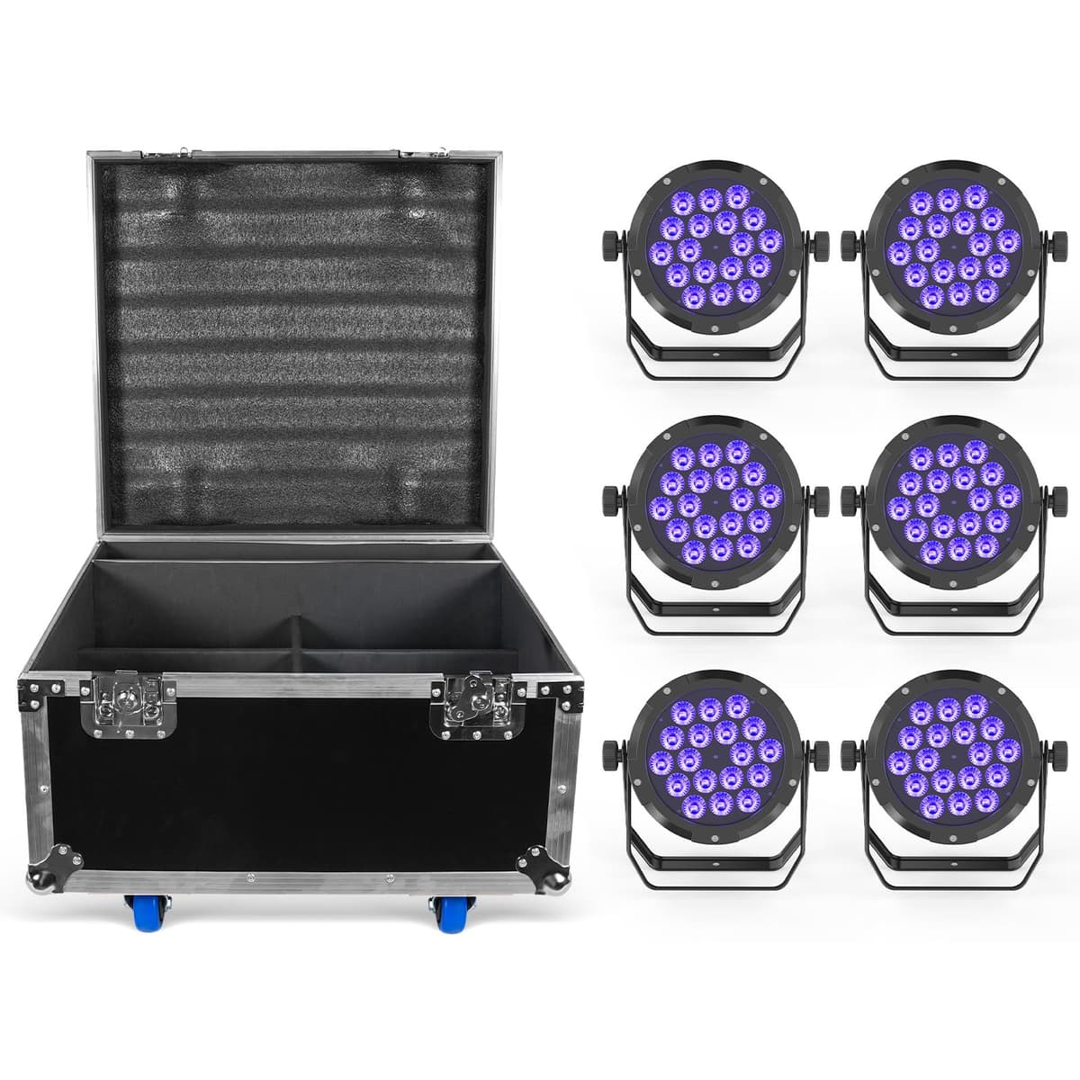 ZonQoonz LED Par IP67 Impermeable 18x18W RGBWAUV 6-en-1 Luz Par Escénica - Pack de 6 con Case ZQ01511X6HUS