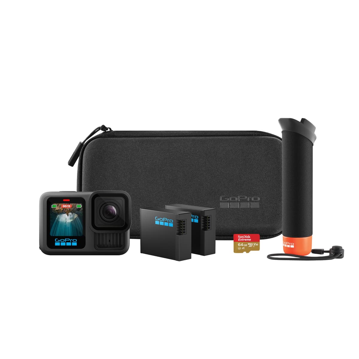 Paquete de accesorios GoPro HERO13 Black - Incluye The Handler, 2 baterías Enduro, 2 montajes adhesivos curvos, tarjeta MicroSD SanDisk de 64 GB y estuche de transporte CHDRB-131-TH