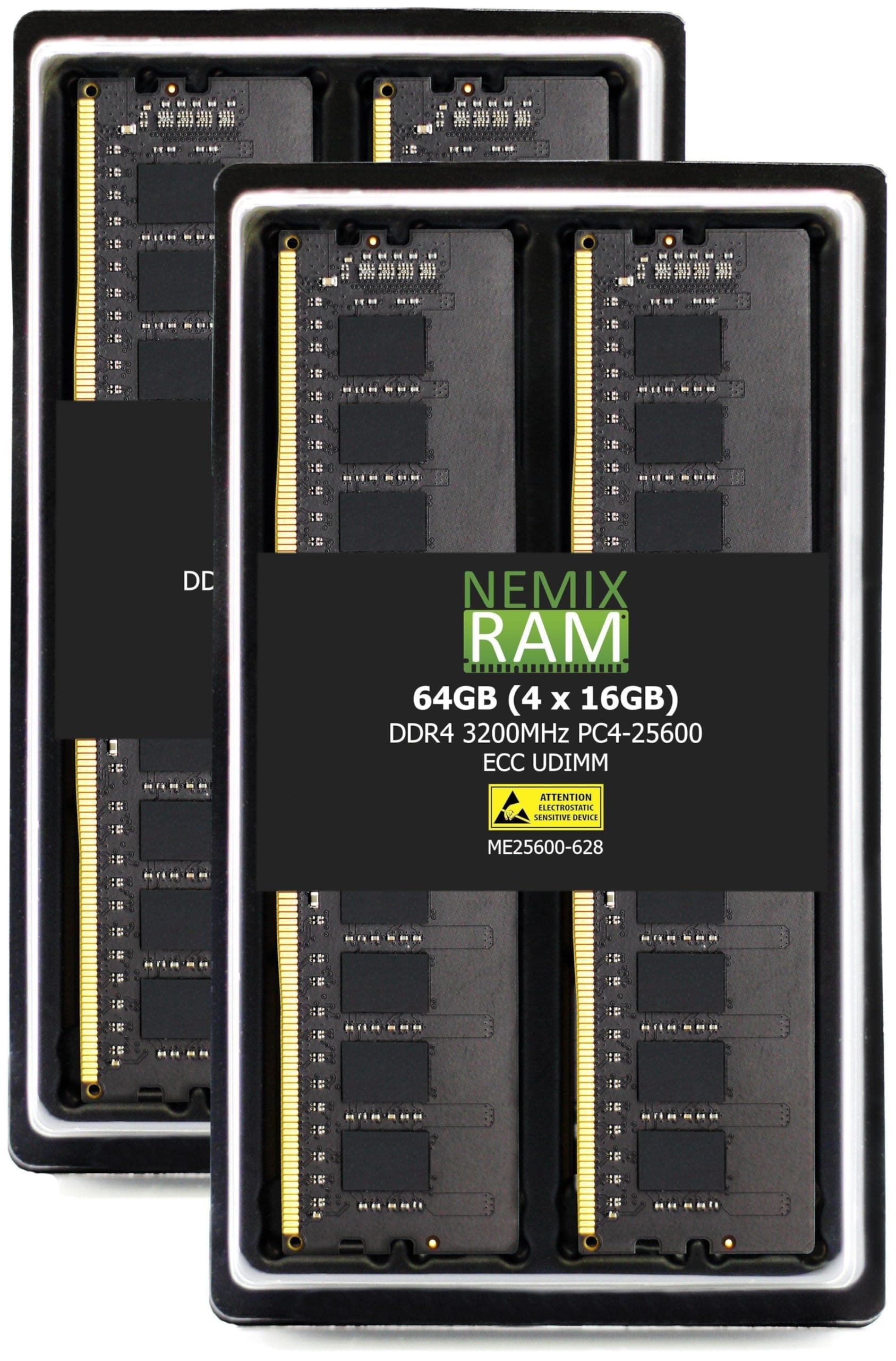 NEMIX RAM 64GB (4x16GB) DDR4 3200MHz PC4-25600 2Rx8 1.2V CL22 288-PIN ECC Unbuffered UDIMM KIT ME25600-628K04-G