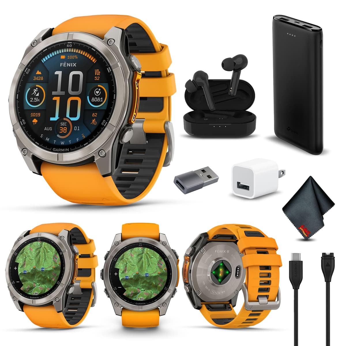 Garmin Fenix 8 51MM AMOLED Sapphire Titanium con correa Spark Orange/Graphite - Multisport GPS Smartwatch (Bundle) 010-02905-10_AG2-V1