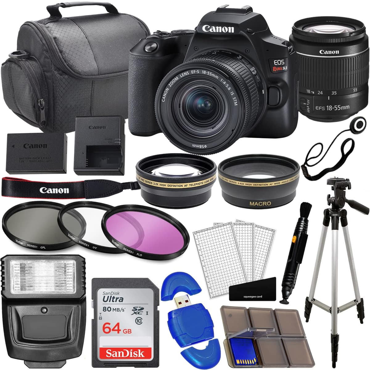 Cámara DSLR Canon EOS Rebel SL3 con lente EF-S 18-55mm Paquete de 3 lentes, 64GB de memoria, gran angular, teleobjetivo, estuche de transporte, flash y kit profesional (reacondicionado) 3453C002_K5-cr