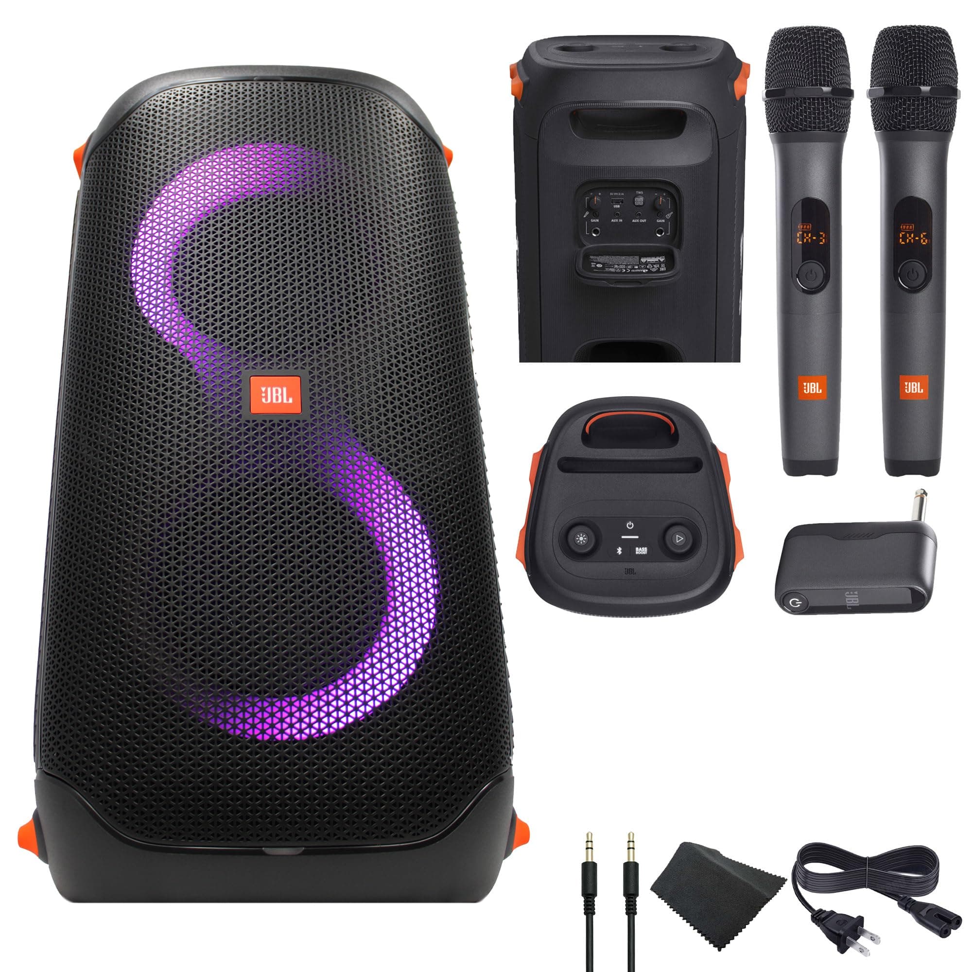 JBL PartyBox 110 parlante portátil inalámbrico 110-160W, sonido potente y graves profundos (JBLPARTYBOX110AM) + sistema de dos micrófonos inalámbricos + AUX + paño de microfibra JBLPARTYBOX110AM_EDI_3