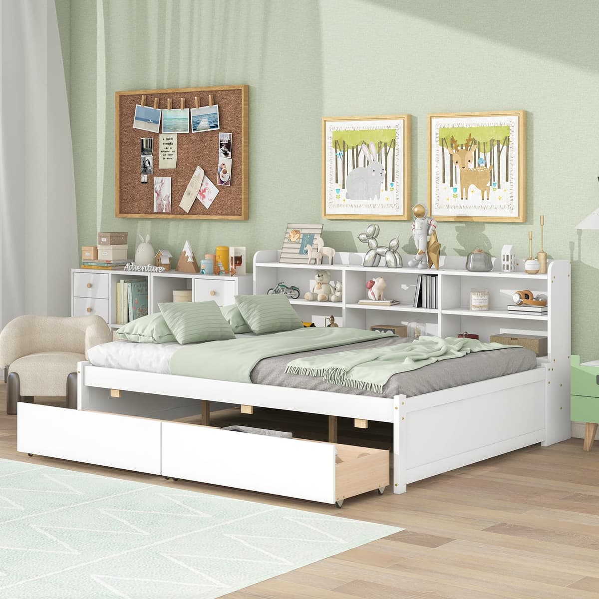 RUNWON Full Size Wooden Captains Bed with Bookcase and 2 Drawers daybed