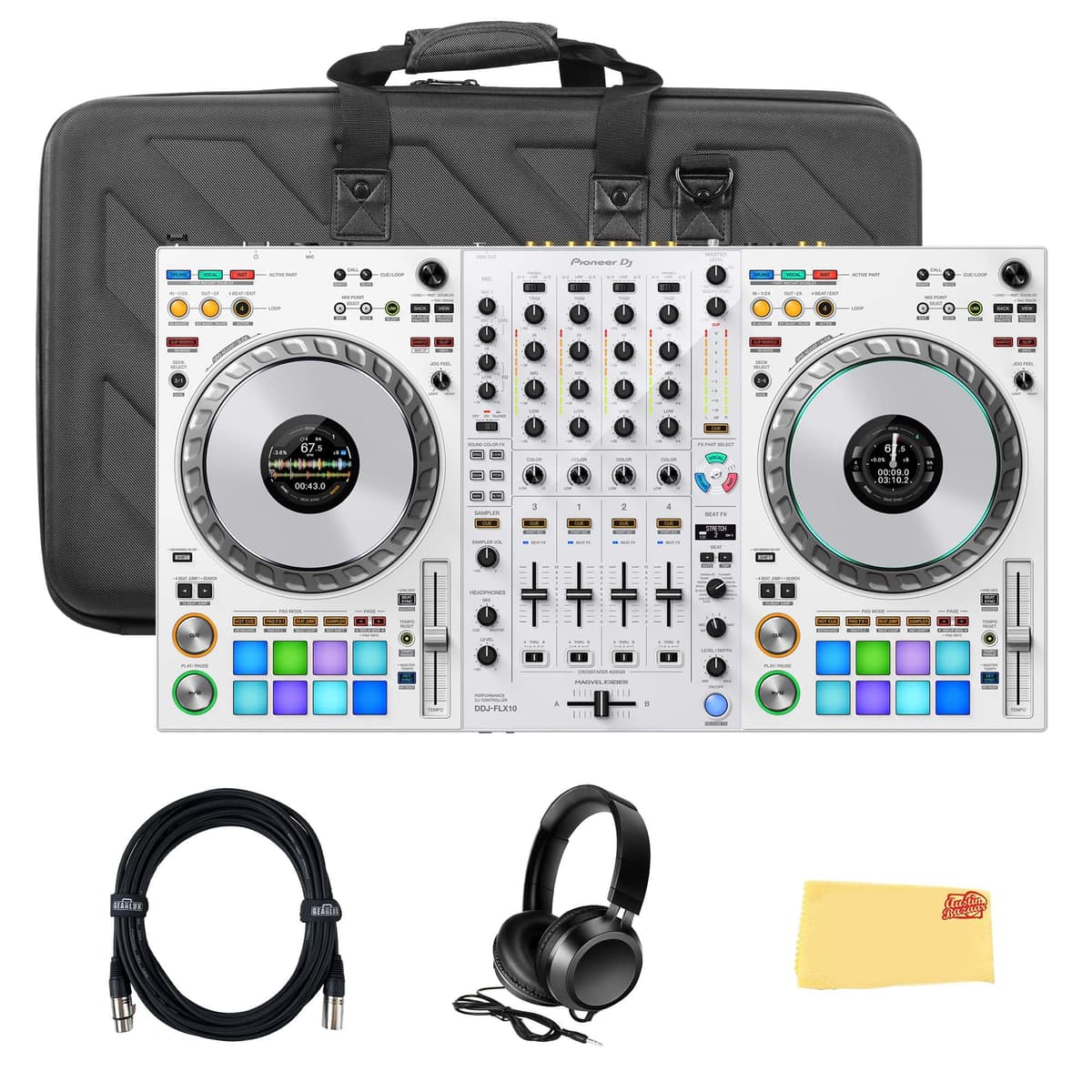 Pioneer DDJ-FLX10 Limited Edition 4-Channel DJ Controller Blanco - Bundle con Case, Gearlux Headphones, Cable DMX y Paño de Pulido AUS-DDJ-FLX10-W-COMBO-DLX