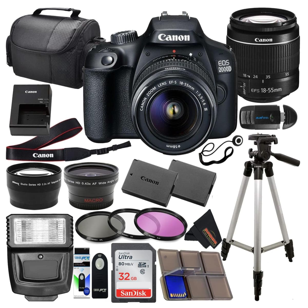 Canon EOS 2000D (Rebel T7) DSLR con lente 18-55 mm Kit de 3 lentes y paquete de accesorios Sunshine Photo (Reacondicionado) CA2000D-1855MM