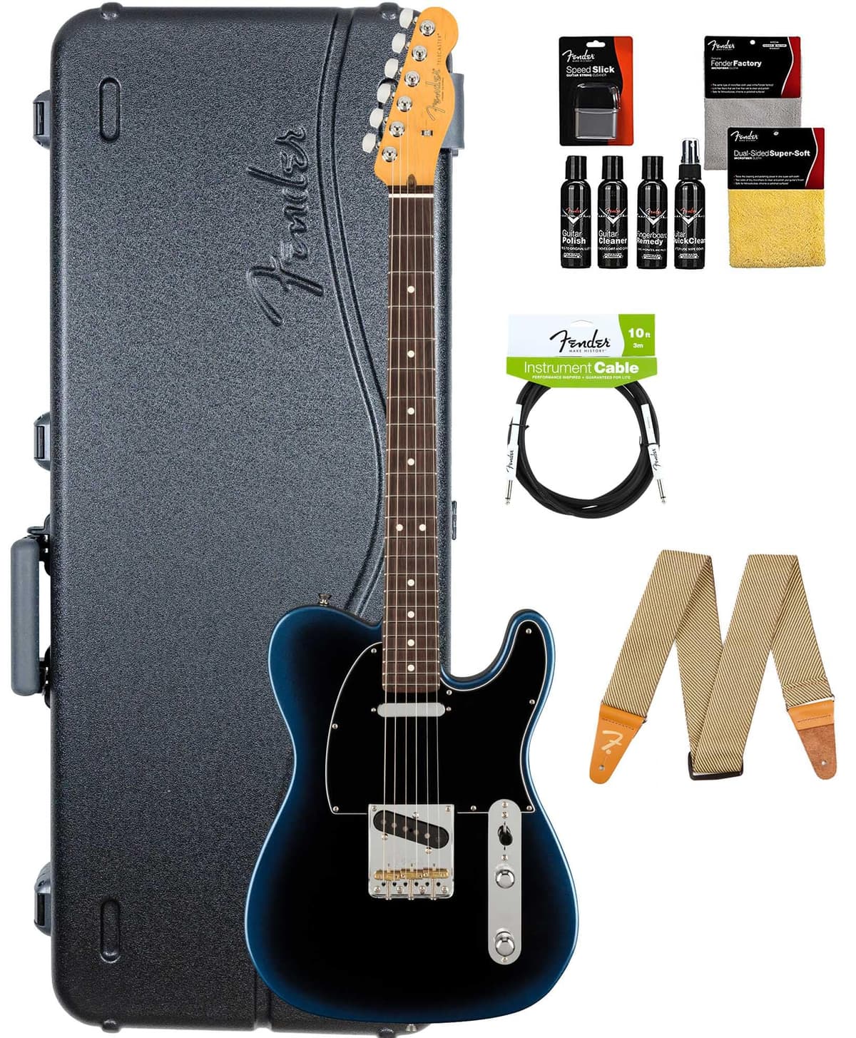 Fender American Professional II Telecaster - Dark Night Bundle con estuche, correa, cable y kit de limpieza AUS-0113940761-COMBO-STD