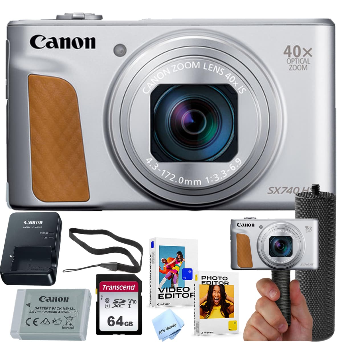 Cámara digital Canon PowerShot SX740 HS (Plateada) + Memoria 64GB + Empuñadura estabilizadora + Paquete de software + Más (Paquete de valor) (Renovada) CN-SX740SLV-072125-cr