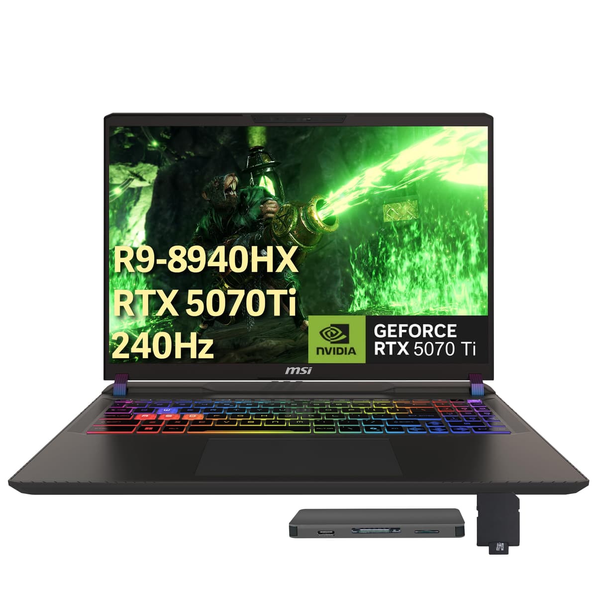 MSI Vector 16" 240Hz QHD+ Laptop para Juegos, AMD Ryzen 9 8940HX, 32GB DDR5, 1TB SSD PCIe, GeForce RTX 5070 Ti, Copilot, Teclado Retroiluminado RGB, Wi-Fi 6E, Windows 11, Gris, Set con Base de Acoplamiento 1TB