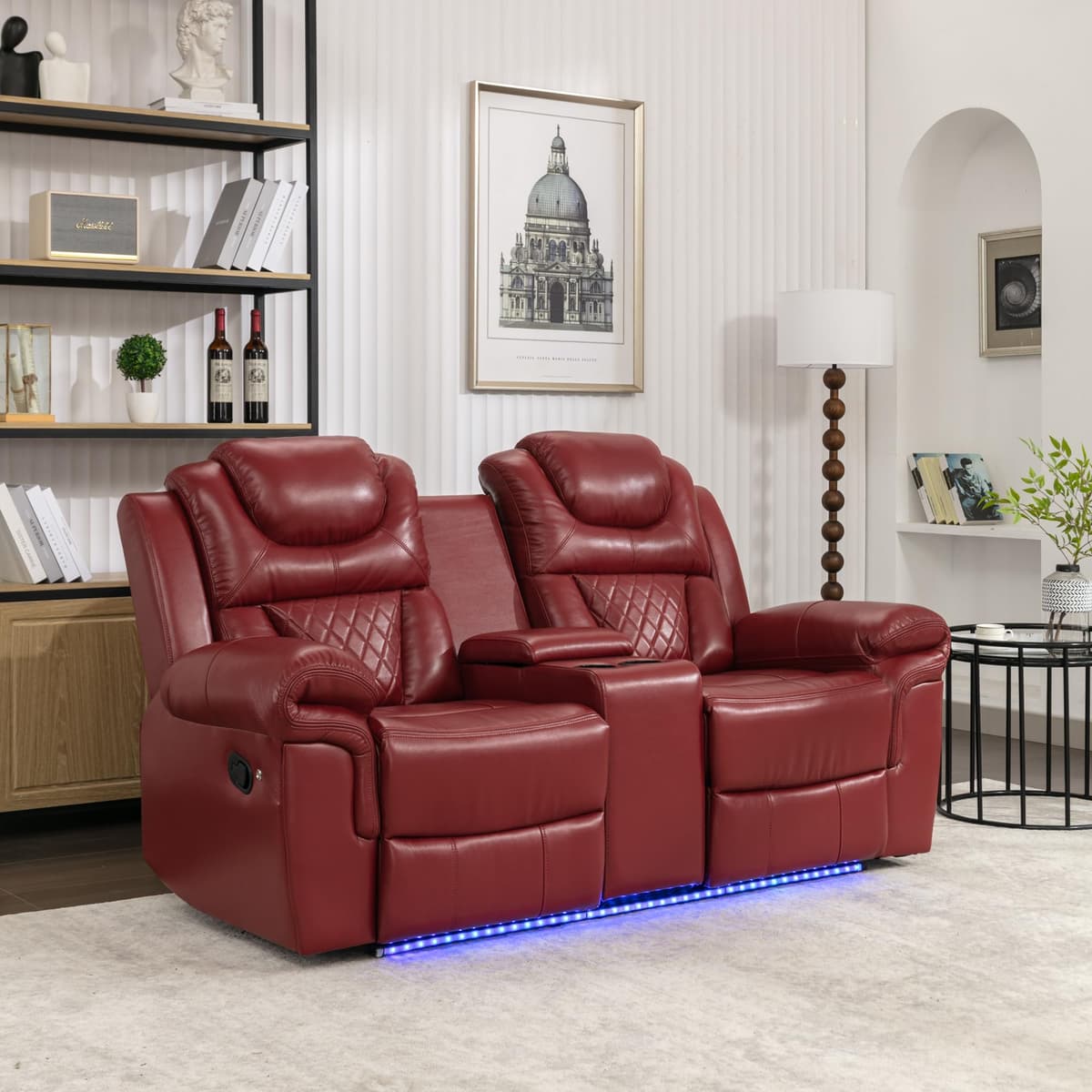 ERYE Loveseat reclinable manual oversized 2 asientos con tiras LED, consola de almacenamiento y portavasos - Faux Leather Motion Recliner Loveseat Sofa