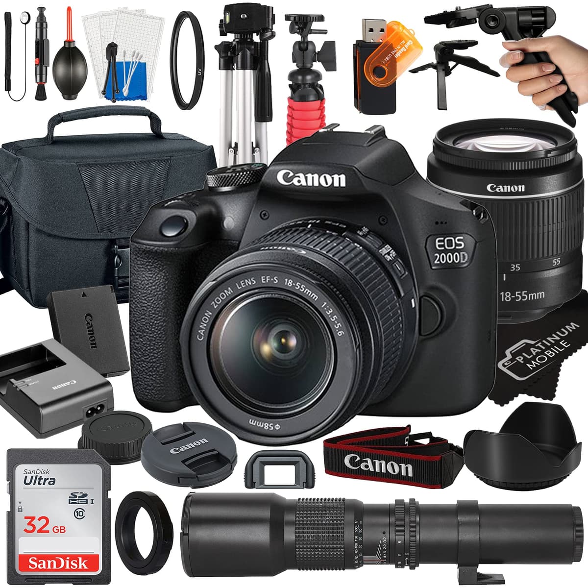 Cámara DSLR Canon EOS 2000D / Rebel T7 con EF-S 18-55mm + lente manual preset 500mm + tarjeta SanDisk 32GB + trípode + estuche + paquete MegaAccessory (23 piezas), Negro / Multicolor (Reacondicionado) CN2000D-cr