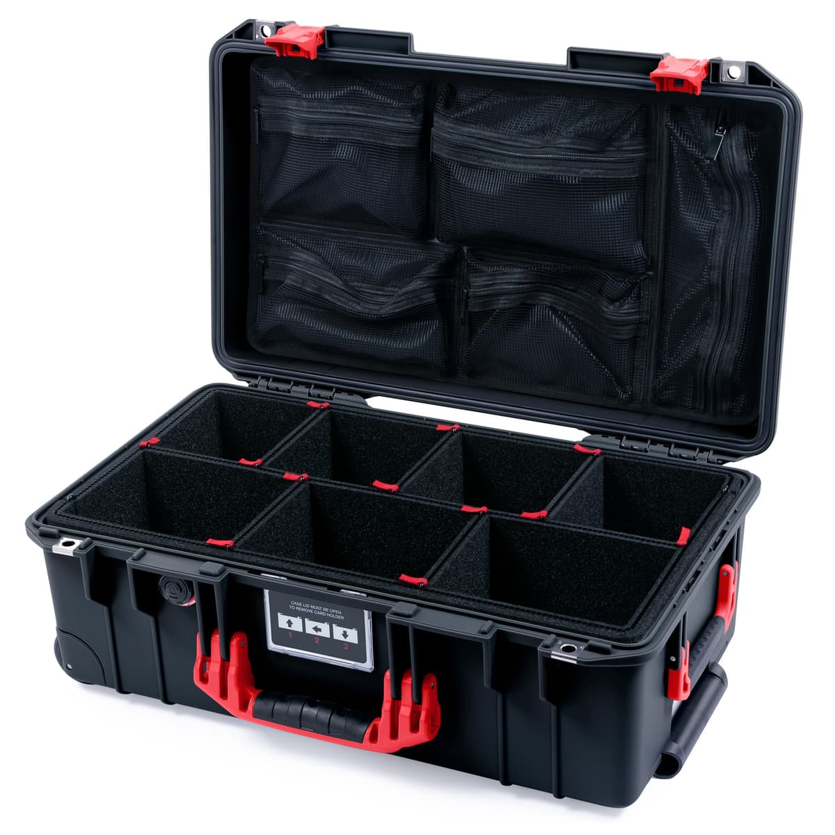 Maletín de mano Pelican Air 1535 de ColorCase - Negro - Maleta impermeable tamaño mediano con sistema de divisores TrekPak y organizador de tapa con malla - Asas y cierres rojos 015350-0120-110-321