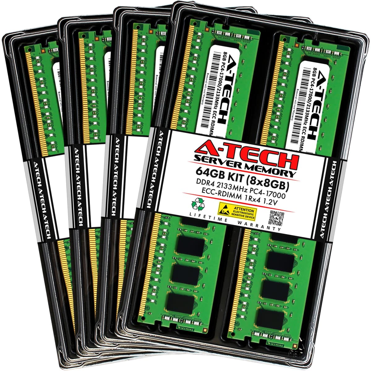 Kit A-Tech 64GB (8x8GB) DDR4 2133MHz PC4-17000 ECC RDIMM 1Rx4 Single Rank 1.2V ECC Registered DIMM 288 pines Módulos de Memoria RAM para Servidor y Estación de Trabajo (Serie Empresarial A-Tech) AT8G8D4D2133RS4N12V
