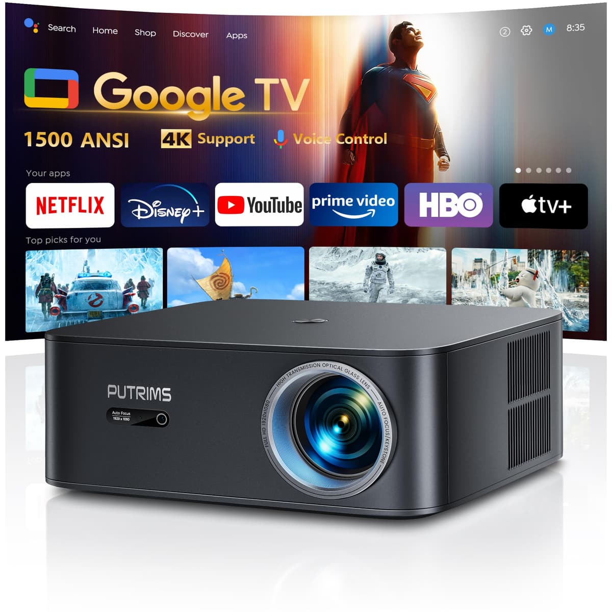 [1500 ANSI/Google TV/Control por Voz]Proyector Inteligente con WiFi 6 y Bluetooth, Soporte 4K, Proyector de Cine al Aire Libre, Proyector Doméstico 1080P con Enfoque Automático para Techo, PUTRIMS K12 Gris TV-Securtiy-Camera-W8