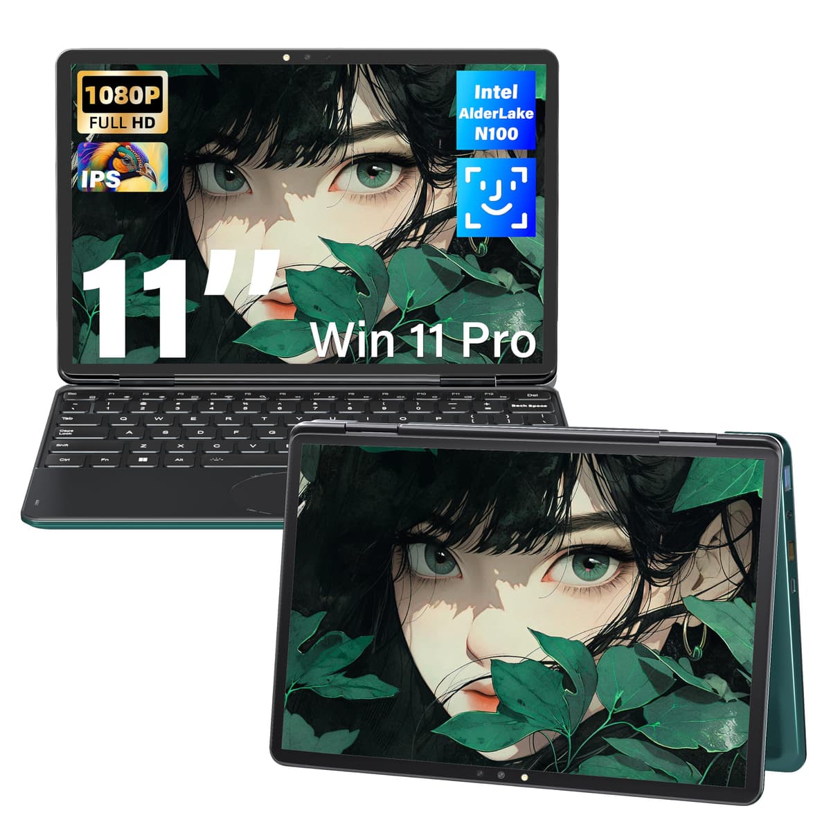 Svikou 11" Verde 2 en 1 Convertible con Pantalla Táctil, FHD (1920x1200) IPS, Intel N100, 16GB RAM 1TB SSD, Reconocimiento Facial, Teclado Retroiluminado, USB-C, Windows 11 Pro para Estudiantes y Viajes HL110YP