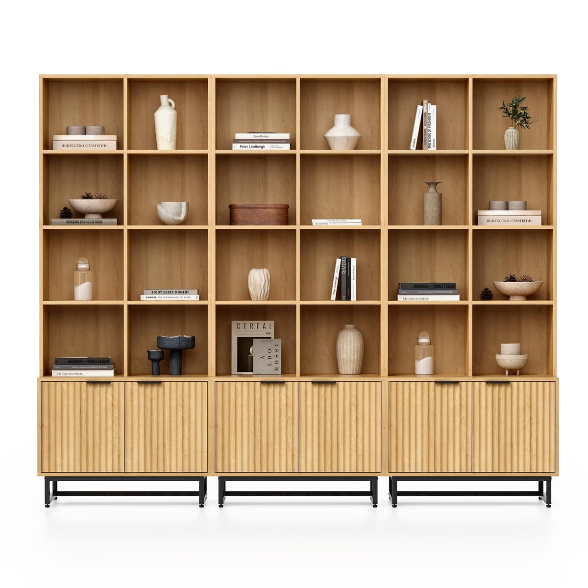 EYYTHUNG YC89 Librero Alto 71" Set de 3 con Puertas Fluted y Estantes Ajustables - Roble Natural