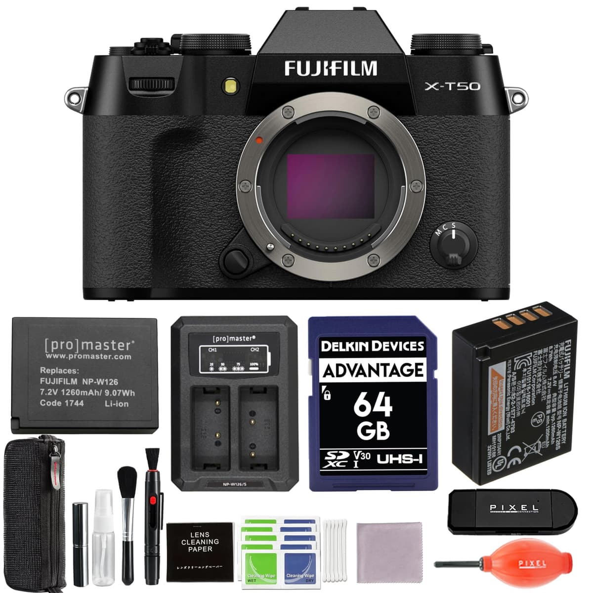 Pixel Connection Fujifilm X-T50 Mirrorless Camera (Black) Bundle con batería extra, cargador y accesorios avanzados | Fuji xt50 16828222