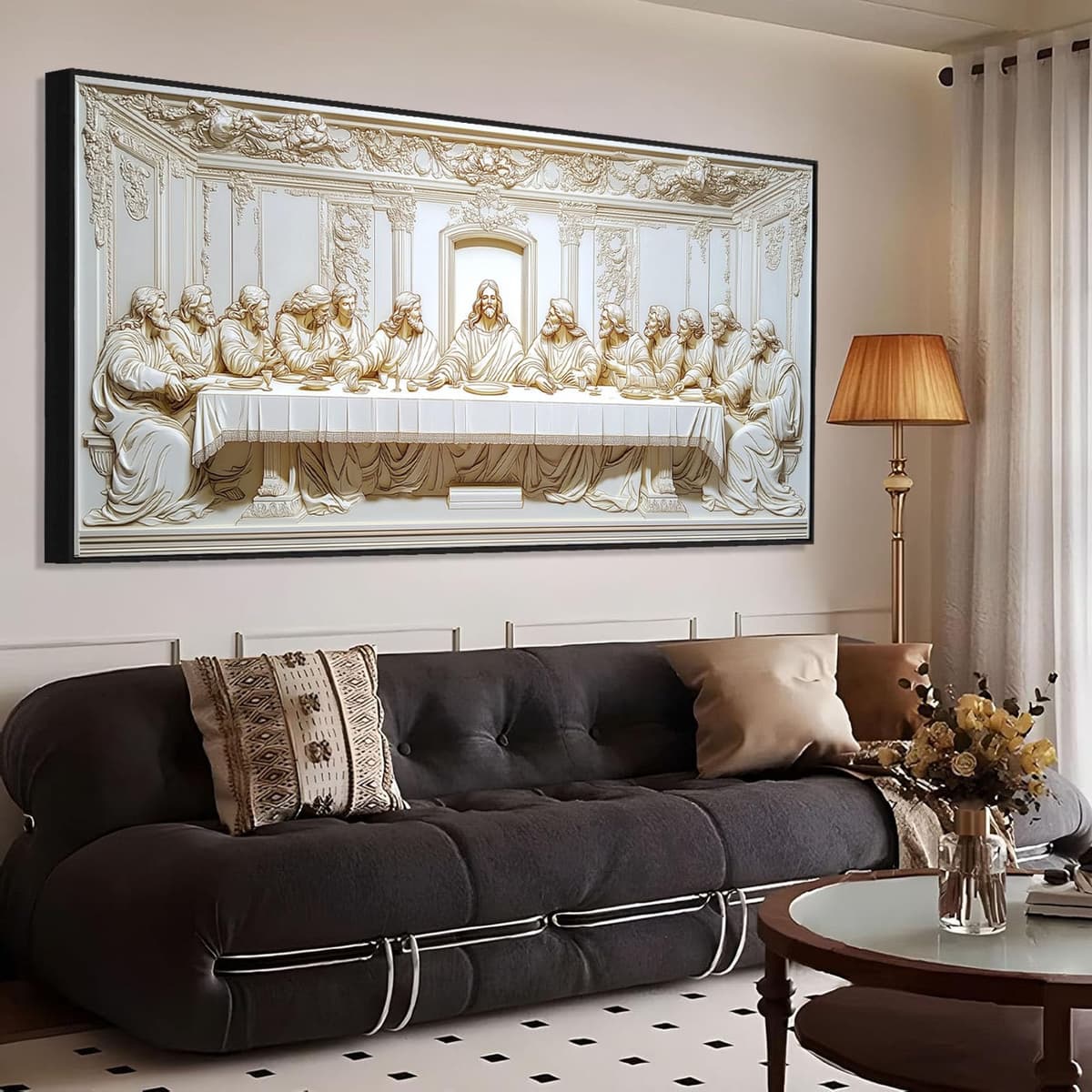 fouholk The Last Supper - cuadro en canvas, arte religioso moderno blanco y dorado (71"x35"|180x90cm) The734992