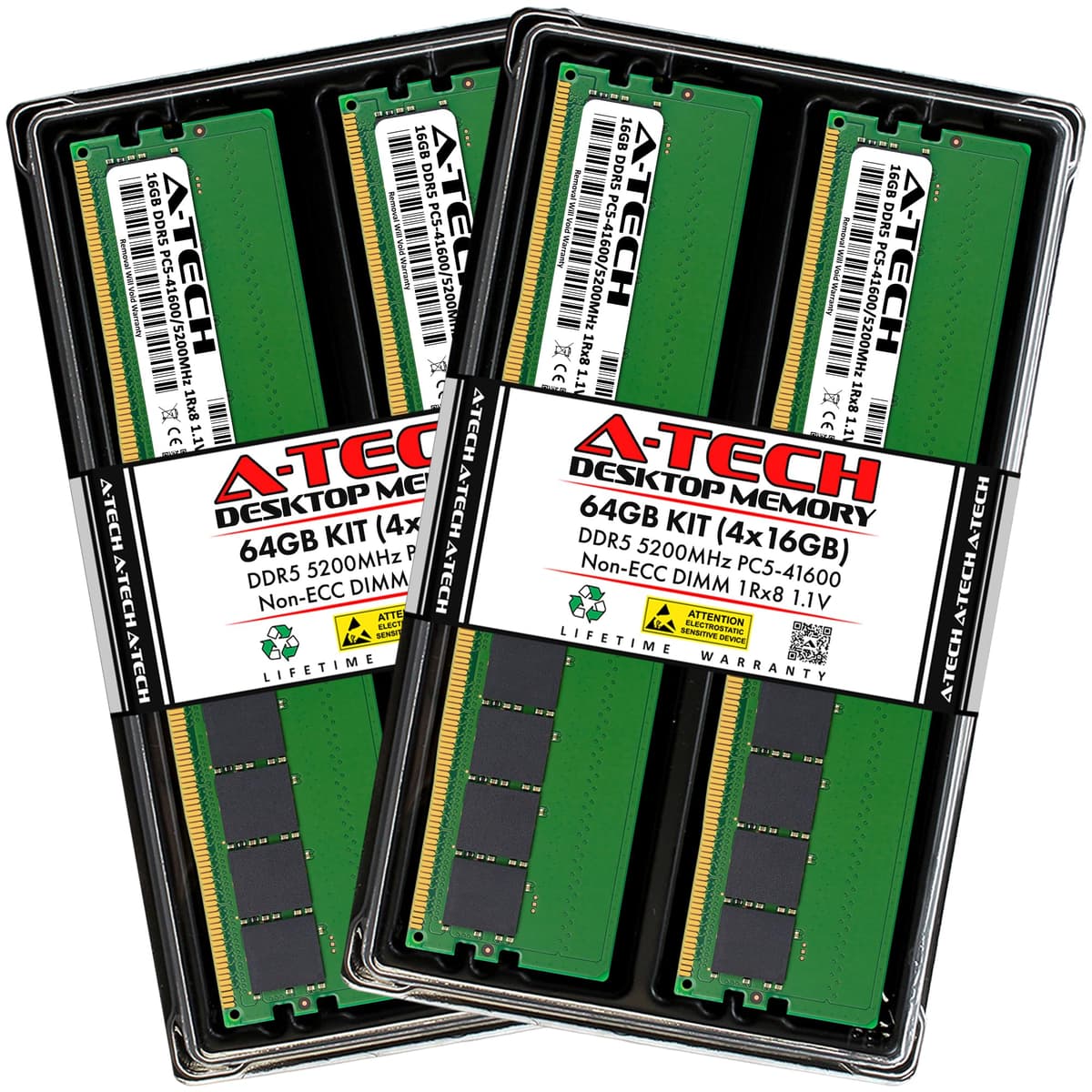 A-Tech 64GB Kit (4x16GB) DDR5 5200MHz PC5-41600 CL42 UDIMM 1Rx8 1.1V Non-ECC AT16G4D5D5200NS8N11V