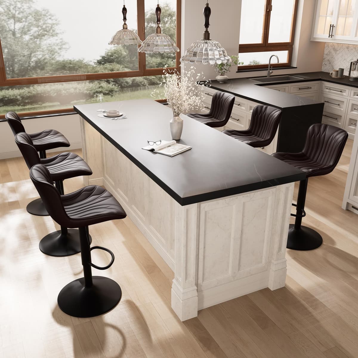 YOUNIKE Set de 6 taburetes de bar marrones giratorios, altura ajustable, respaldo y asiento acolchado de piel sintética