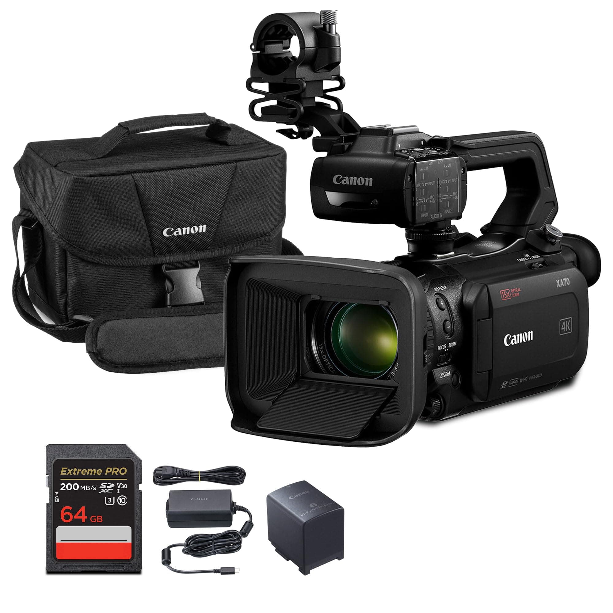 Canon XA70 UHD 4K30 Videocámara Profesional Pro 1” Sensor CMOS 4K UHD, Enfoque Automático CMOS de Doble Pixel, Zoom Óptico 15x, Zoom Digital 600x, Transmisión en Vivo por USB, Entradas XLR Paquete con Tarjeta de Memoria 64GB + Más 5736C002-AG2-1