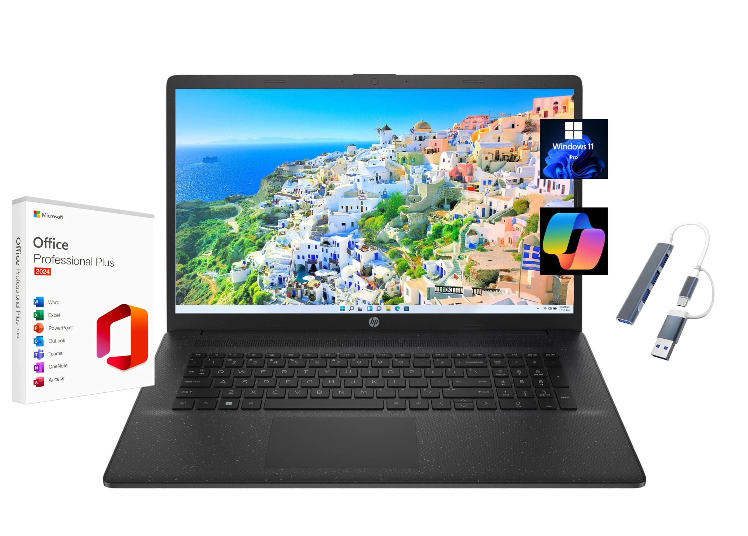 HP 2025 Notebook 17.3" HD+ con Microsoft Office 2024 de por vida, Intel Core i5-1334U, 8GB RAM, 512GB SSD, Intel Iris Xe, Windows 11 Pro, Negro Azabache, con concentrador USB