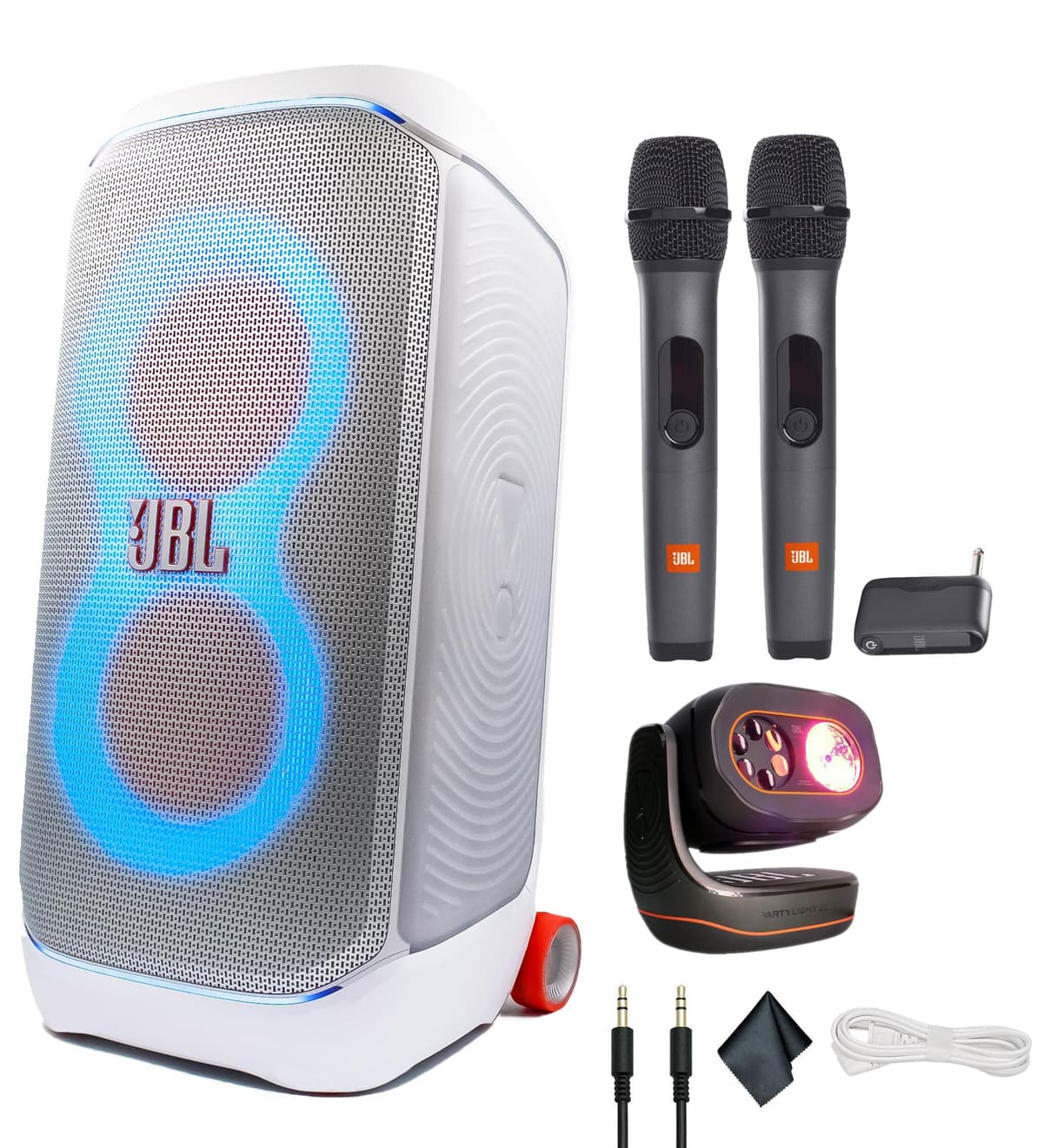 JBL PartyBox Stage 320 240W Parlante Portátil Inalámbrico Blanco + PartyLight Beam + Sistema Micrófonos Inalámbricos + Cable AUX JBLPARTYBOX320AMPWHB_EDI_3