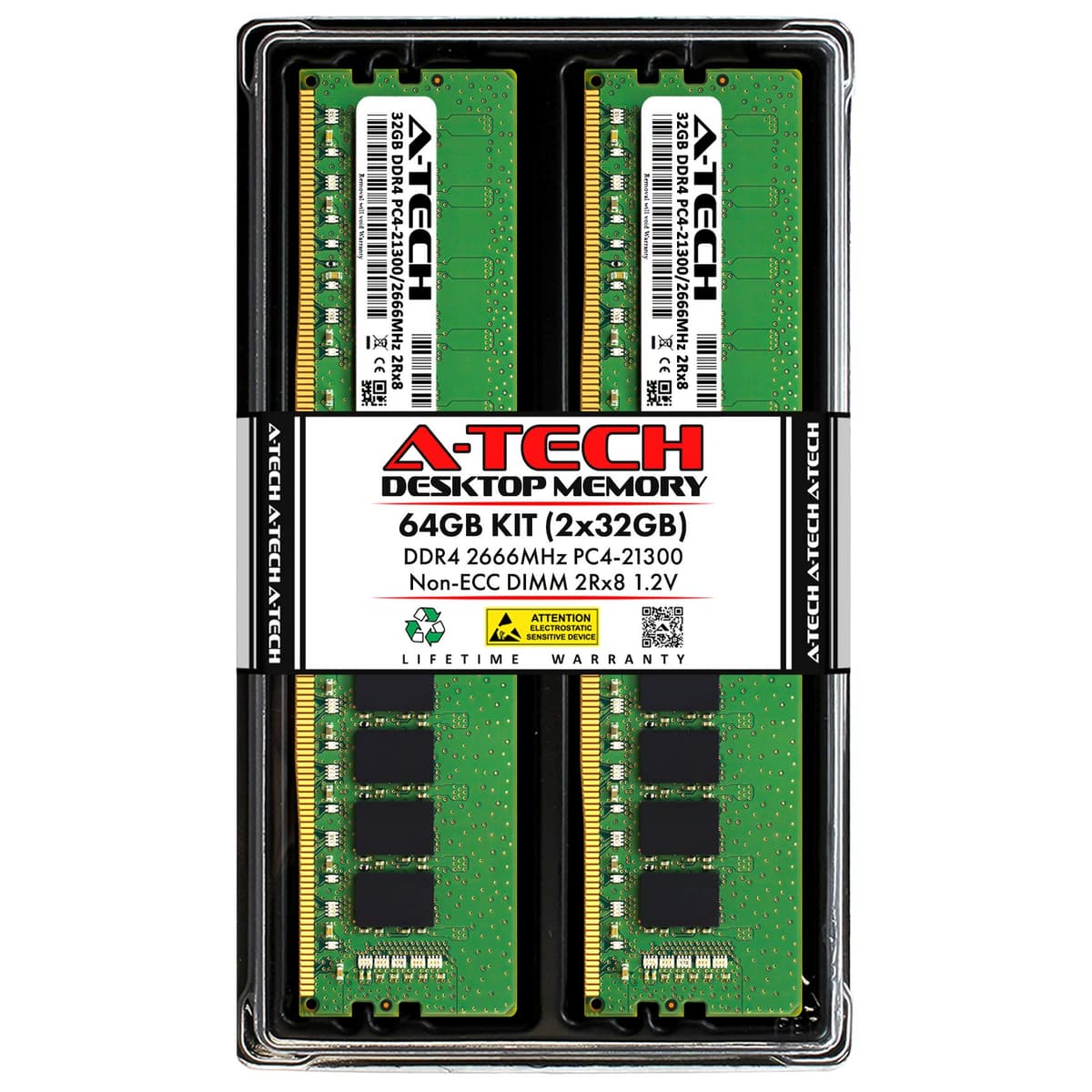 A-Tech 64GB (2x32GB) DDR4 2666 MHz UDIMM PC4-21300 (PC4-2666V) CL19 DIMM 2Rx8 No ECC MEMORIA RAM para Escritorio AT32G2D4D2666ND8N12V