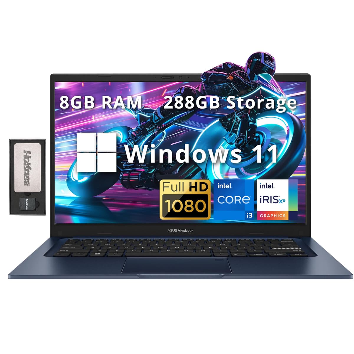 ASUS Vivobook 14" FHD para Negocios y Estudiantes, Intel i3-1215U, 8GB RAM, 288GB Almacenamiento (128GB SSD + Estación de Acoplamiento de 160GB), Gráficos Intel Iris Xe, Cámara 720p HD, WiFi 6E, Windows 11, Azul