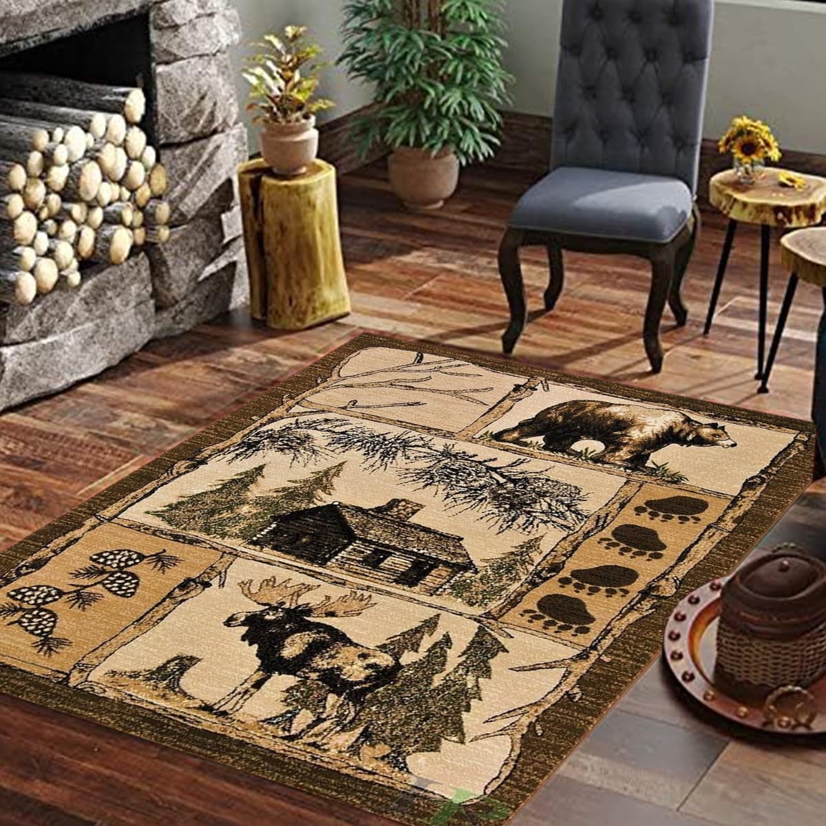 Alfombra Mothy HR-Cabin 9x12ft diseño geométrico y animales