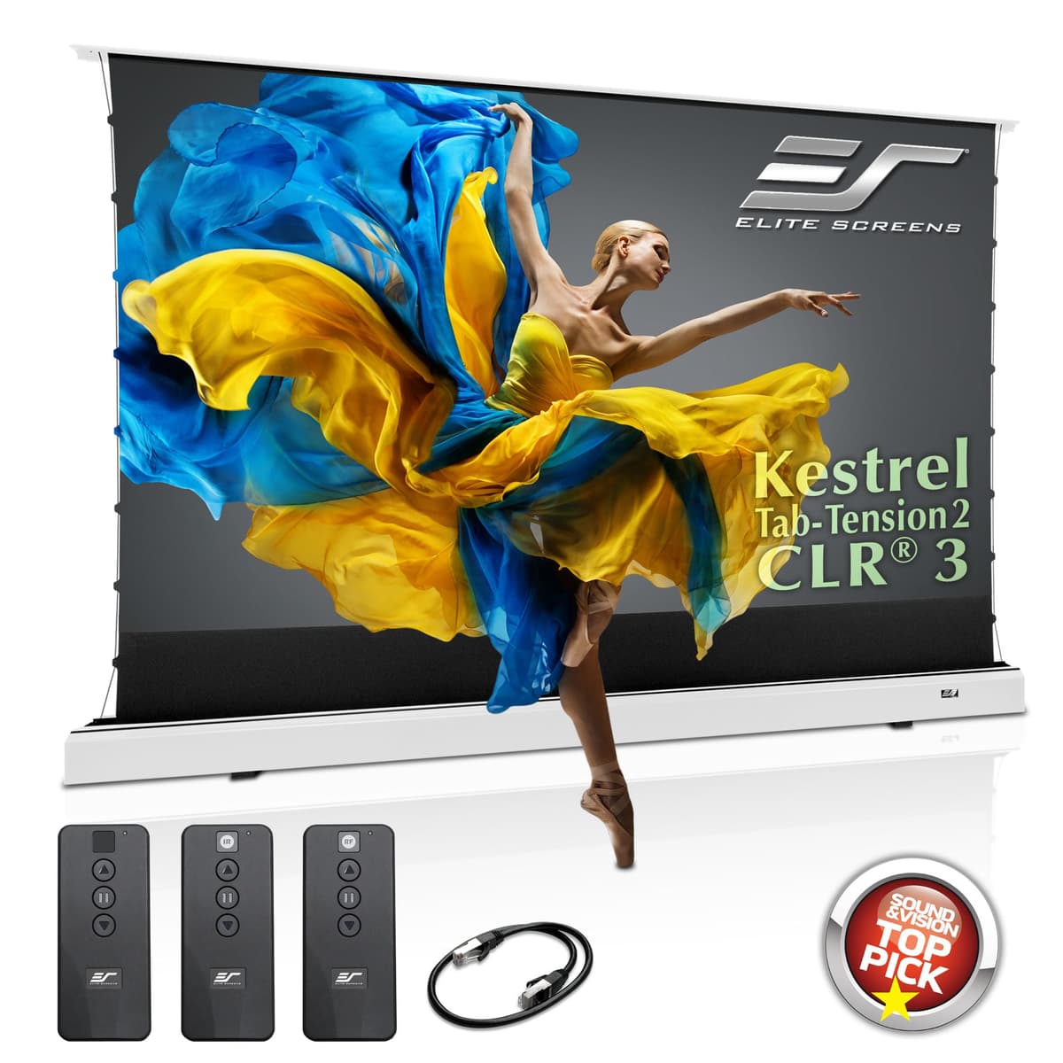 Elite Screens Kestrel Tab-Tension 2 CLR3 121" 16:9 Motorized UST Floor-Rising (Case Blanco) CLR3 | 121"/ White