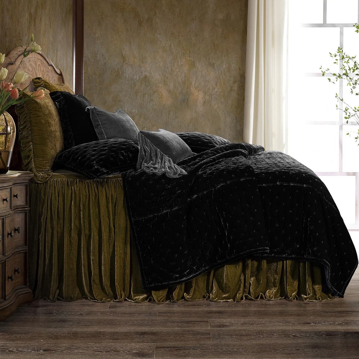 HiEnd Accents Stella Juego de cama King 3 piezas terciopelo sintético Green Ochre FB6900-KG-GO
