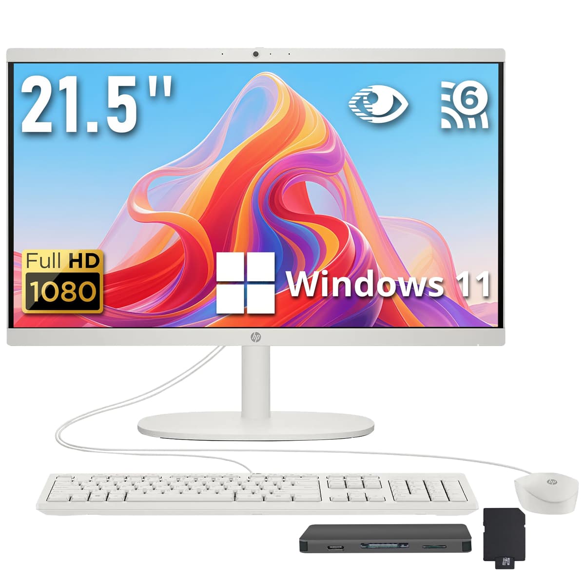 HP All-in-One de 21.5" FHD, Procesador Intel N100, 8GB DDR5, 1.12TB de Almacenamiento (128GB UFS + Base Docking de 1TB), Gráficos UHD, Cámara 720p, Wi-Fi 6, Teclado y Mouse con Cable, Windows 11, Blanco HP All-in-One Desktop