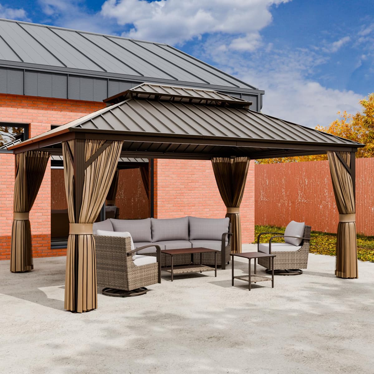 EAGLE PEAK Gazebo Hardtop 12x16, techo doble galvanizado, marco de aluminio, con mosquitero y cortinas EP-GB01-192MW-TAN