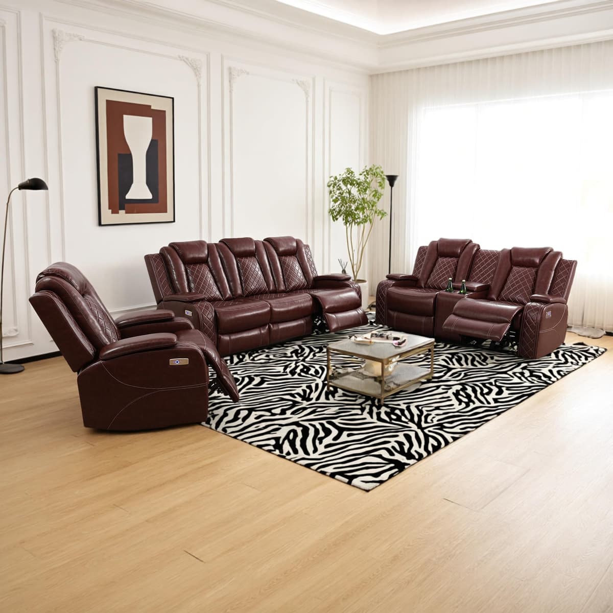Plithzy Set de sofá reclinable eléctrico con LED, cuero transpirable, puerto USB, portavasos y almacenamiento (Garnet) BB-GN4633-3PCS