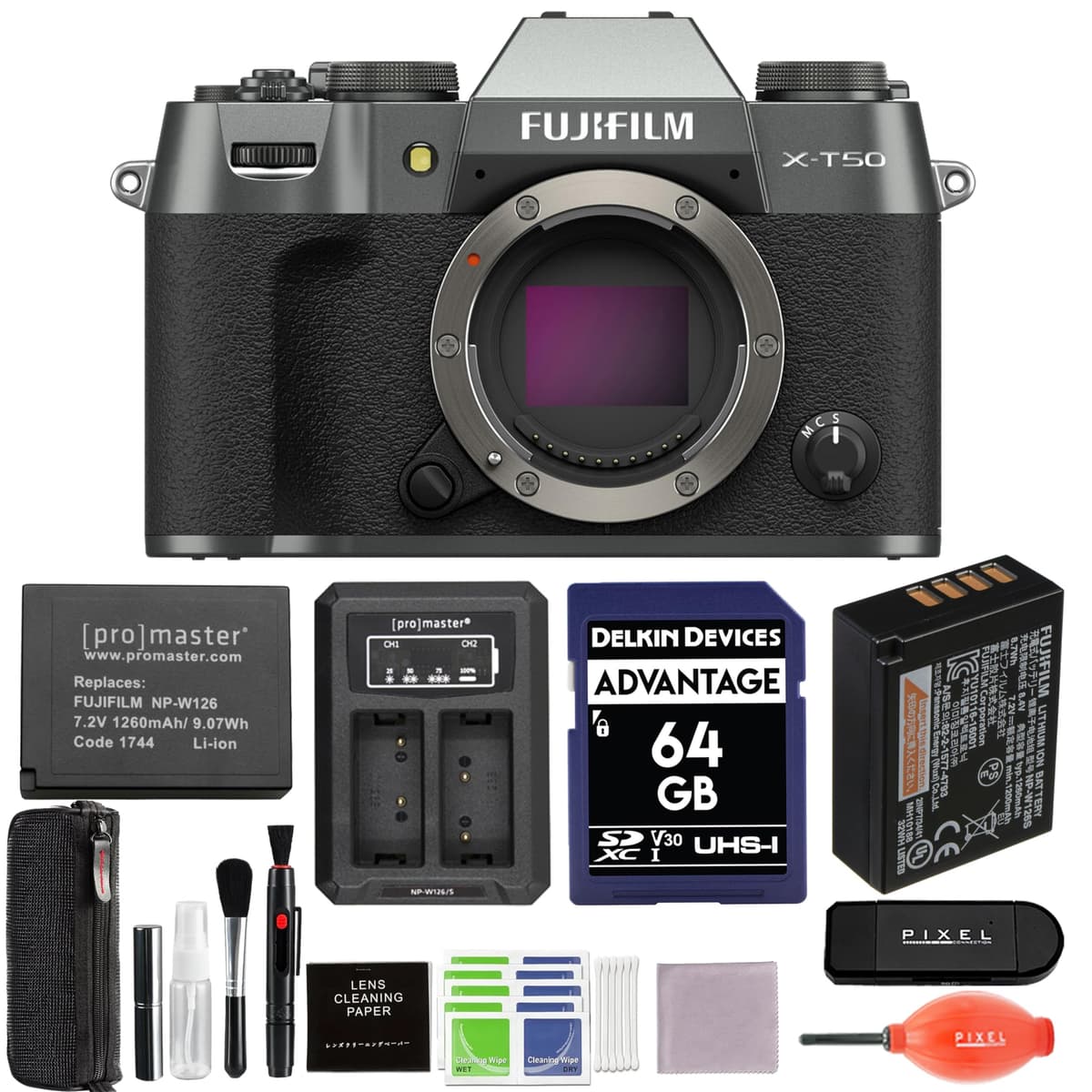 Pixel Connection Fujifilm X-T50 Mirrorless Camera (Charcoal) Bundle con batería adicional y accesorios avanzados 16828416