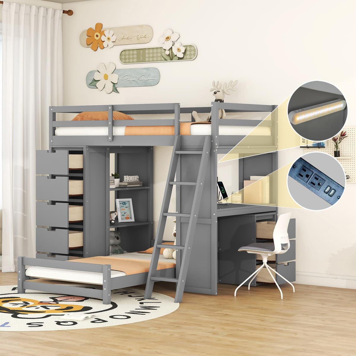 Goohome Versatility Twin Over Twin Bunk Bed con luz LED y puertos USB, cama loft de madera maciza y cama plataforma independiente con cajones, estantes, escritorio, litera en L para niños adolescentes