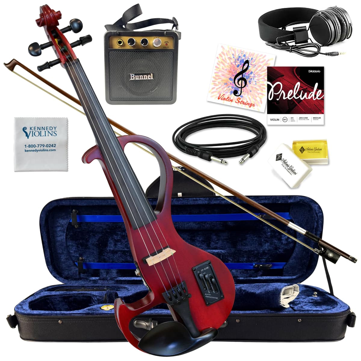 Kennedy Violins Violín Eléctrico Bunnel Edge 4/4 Tamaño Completo (Red) con Estuche, Mini Amplificador y Accesorios