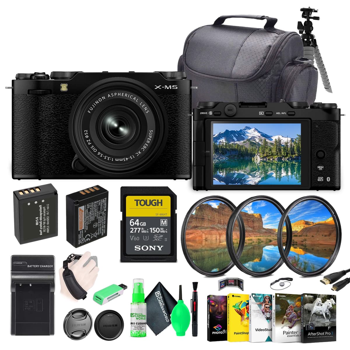 Cámara digital sin espejo Fujifilm X-M5 con lente Fuji XC 15-45mm f/3.5-5.6 OIS PZ - Negro Paquete con tarjeta de memoria 64GB UHS-II SDXC + trípode flexible para vlogger + funda + filtro y más 16900733-AG2-2G