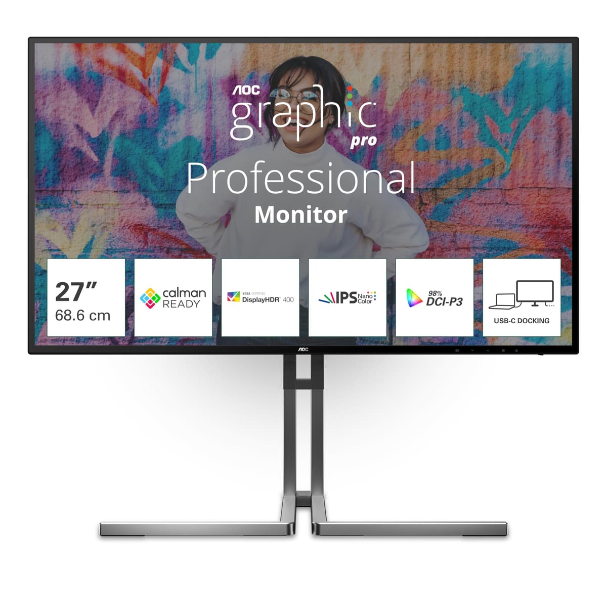 AOC U27U3CV 27-inch UHD Nano IPS 4K, Ajustable en altura, Altavoces, HDR400, USB-C 96W, Hub USB