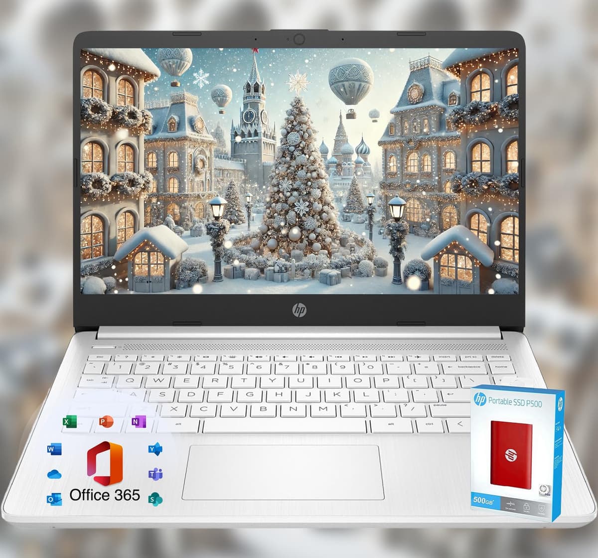 HP 14 Portátil • Edición Limitada Regreso a Clases con Microsoft 365 • CPU Intel de 4 núcleos • 16GB RAM • 1600GB Almacenamiento (64GB OnBoard + SSD Portátil P500 de 512GB + 1TB OneDrive) • Blanco Nieve • Win 11 Slim