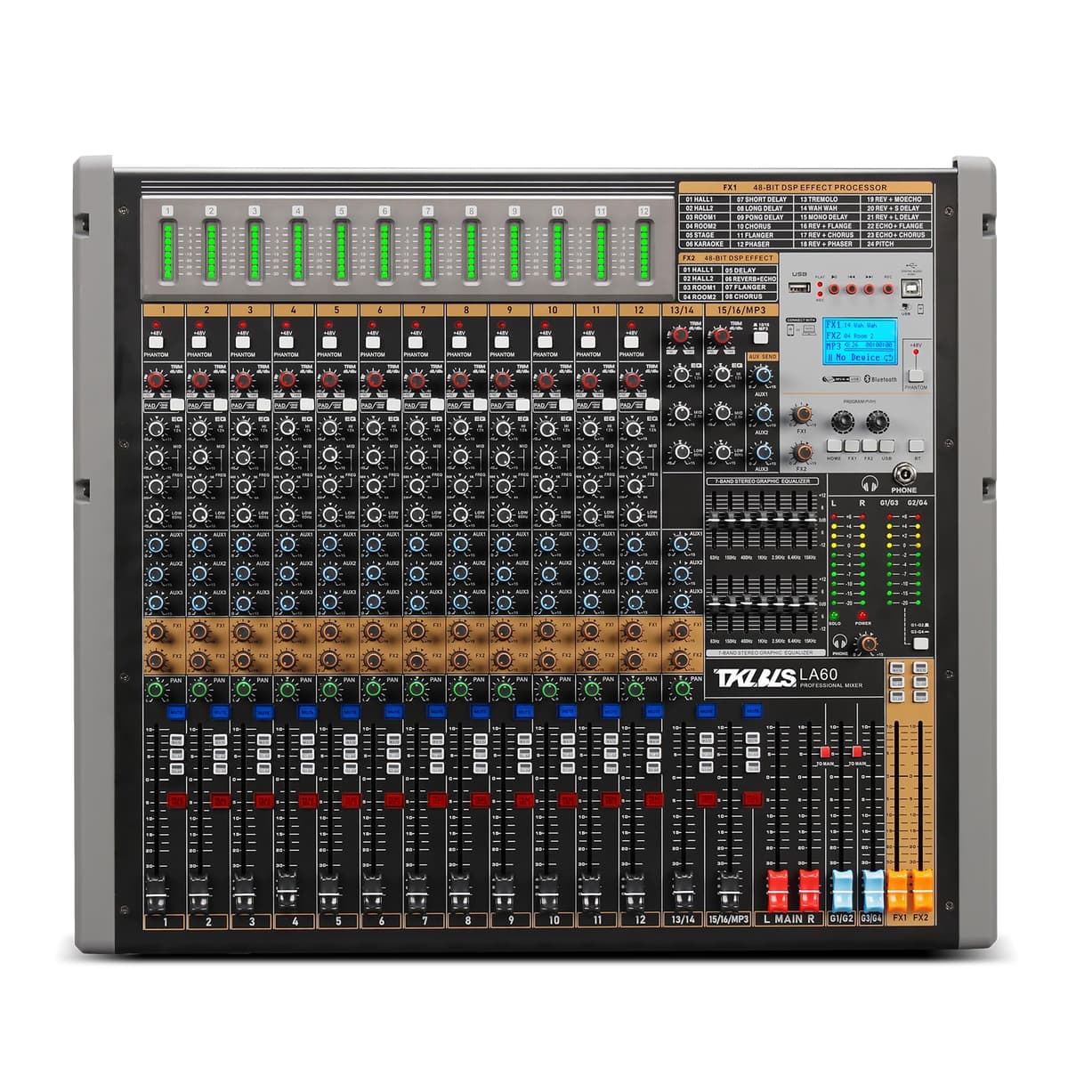 TKLBLS Mezclador Digital 16 Canales, Dual DSP Reverb, EQ 7 bandas, Phantom 48V, 4 Salidas Grupo LA60