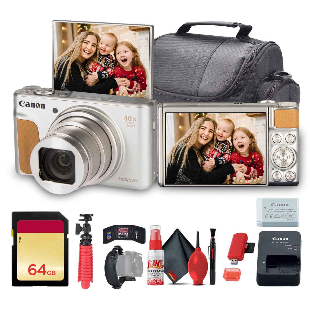Cámara Digital Canon PowerShot SX740 HS Edición Lite (Plata) + Tarjeta de Memoria 64GB + Lector de Tarjetas + Bolsa Suave Deluxe + Trípode Flexible + Correa de Mano + Estuche para Tarjetas + Kit de Limpieza (Reacondicionada) 2955C039_EDIRE_1