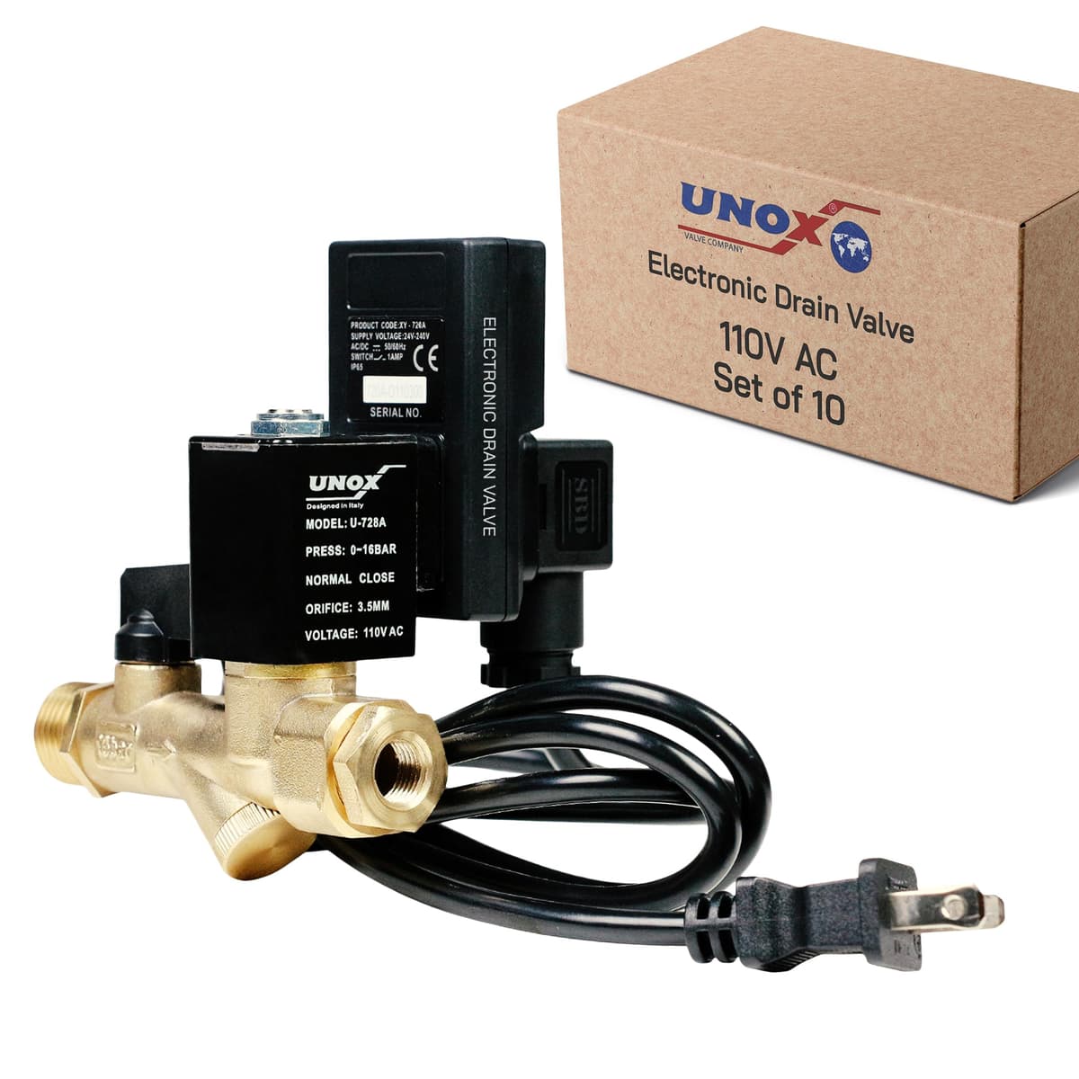 UNOX U-728A Válvula de drenaje electrónica temporizada - 1/2" a 1/4" NPT, 110/120V AC, paquete de 10