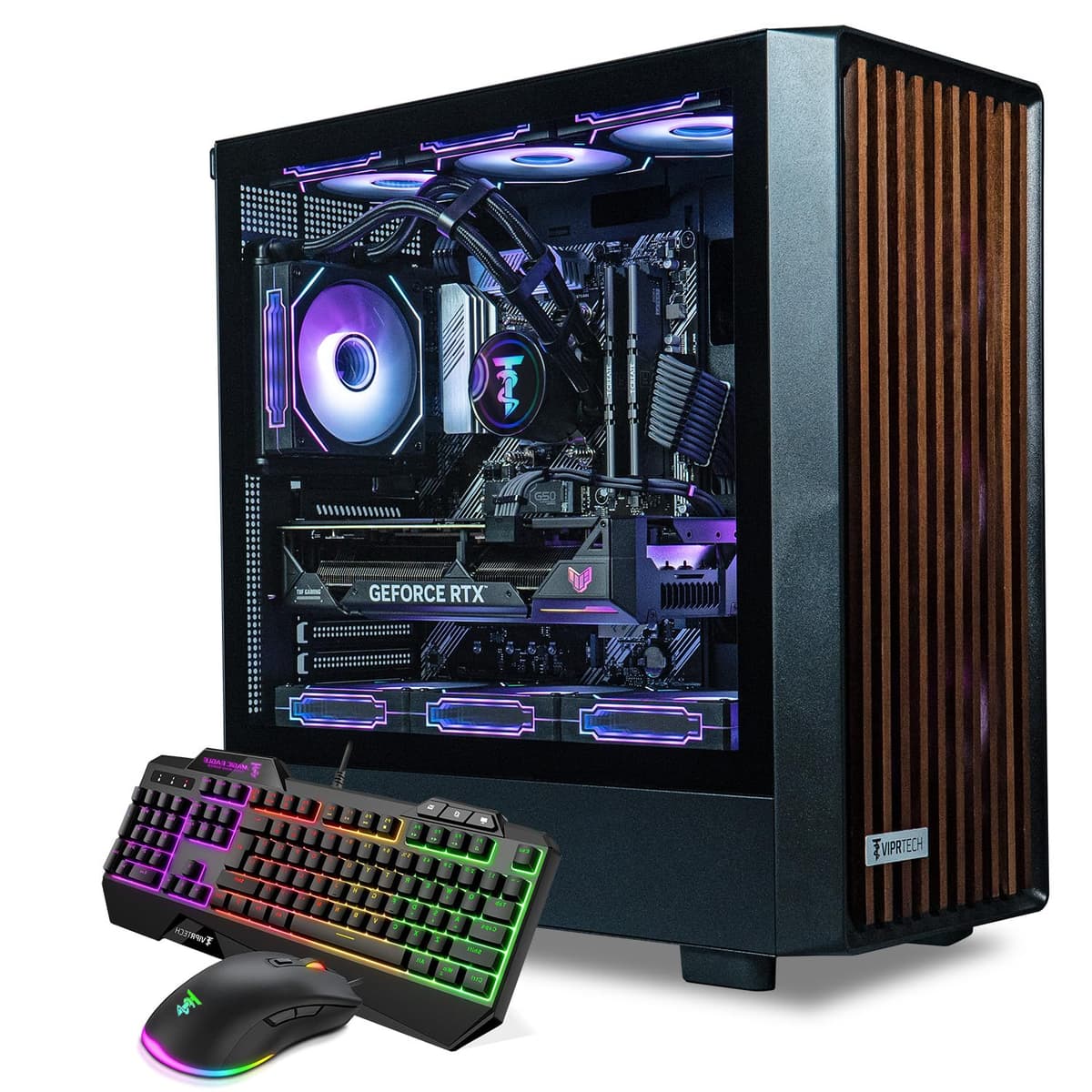 ViprTech Overlord 2.0 Liquid-Cooled PC - AMD Ryzen 7 5700X, AMD RX 9060 XT 16GB, 32GB DDR4, 2TB SSD, Black Wood Case, RGB, Win 11 R7-4070-32G-2T-L