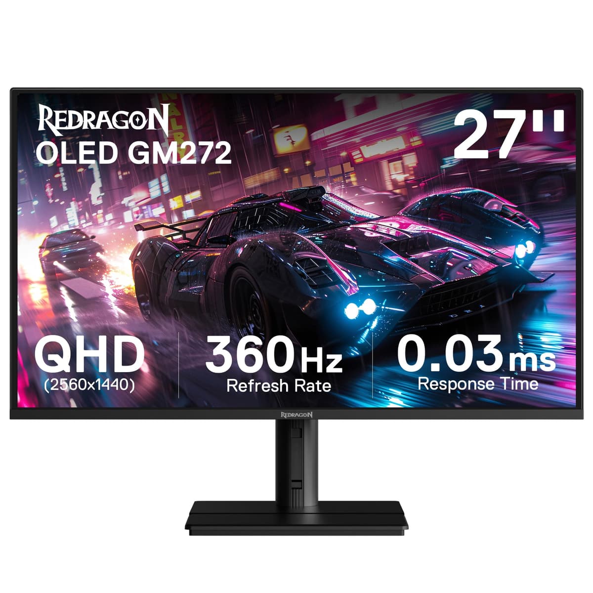 Redragon GM272 Monitor Gaming OLED Plano 27" - QHD 2560x1440, 360Hz, 0.03ms GTG, AMD FreeSync Premium, 99% DCI-P3, HDR Pico 1000 nits, HDMI x2, DP x3, Cuidado Ocular, Montaje VESA