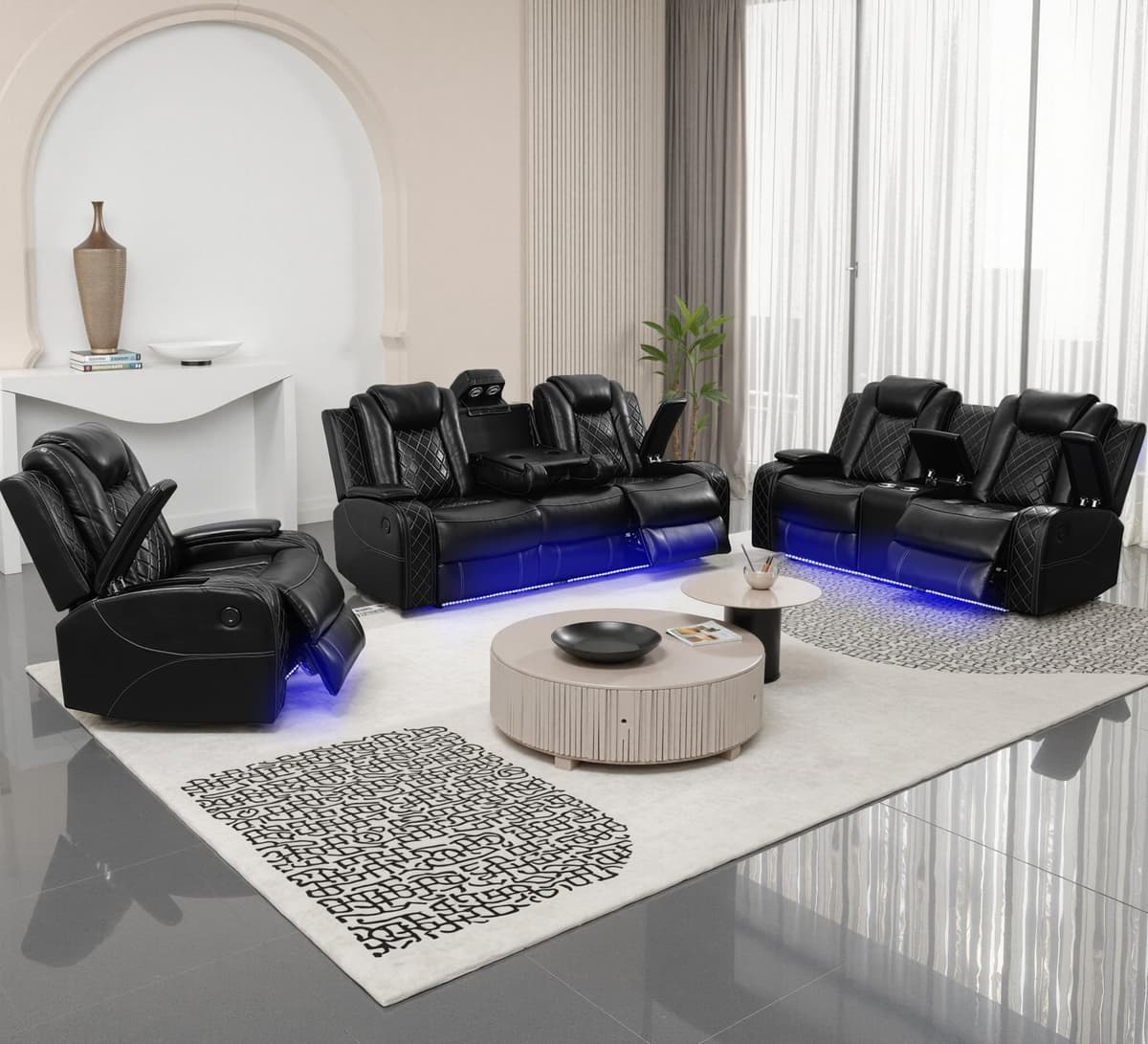 Plithzy sofá reclinable power con LED, cuero respirable, puerto USB y portavasos (Black) BB-GN4662