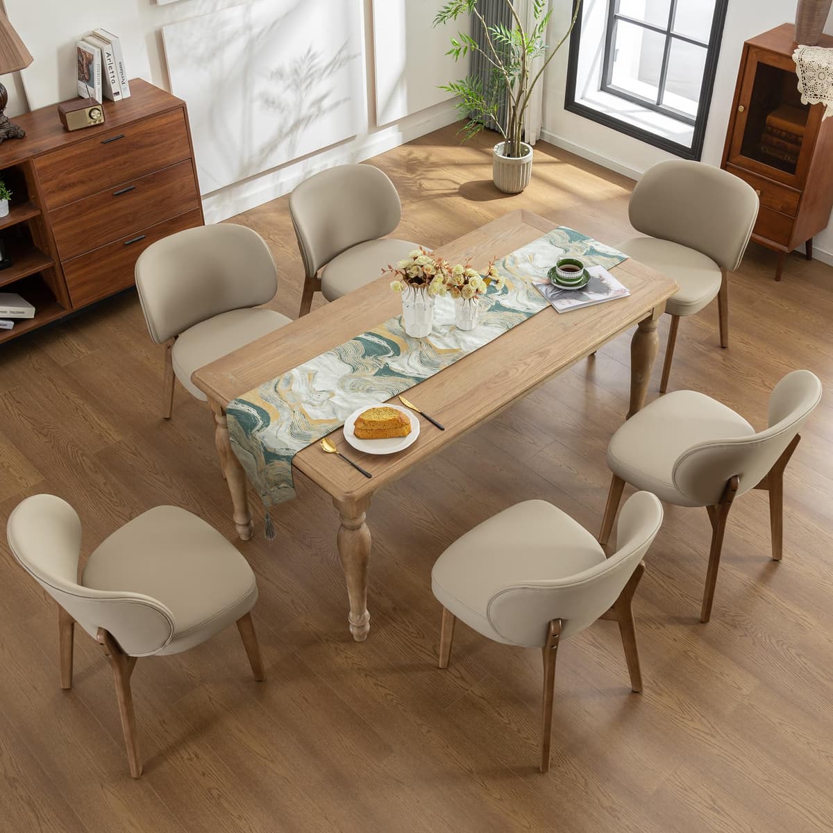 YOUNIKE Set de 6 Sillas de Comedor Mid Century Modern con Respaldo Alto, Tapizado en PU, Asiento Acolchado 20" Khaki