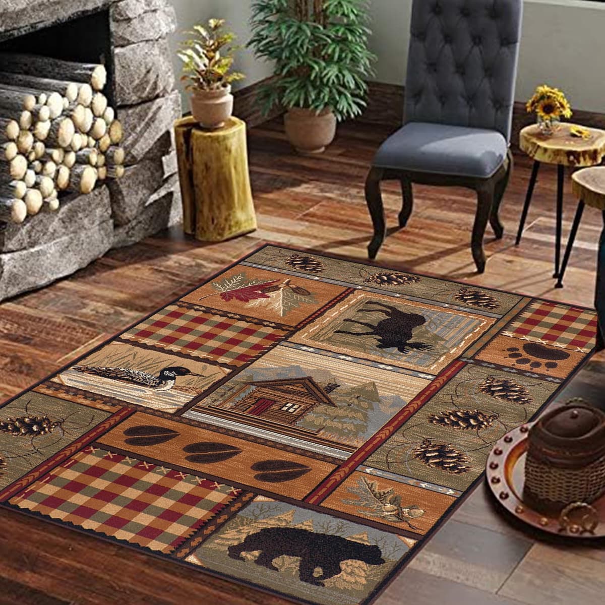 Mothy HR-Cabin Rugs Collection 9x12ft - Alfombra lodge con escena de oso y alce